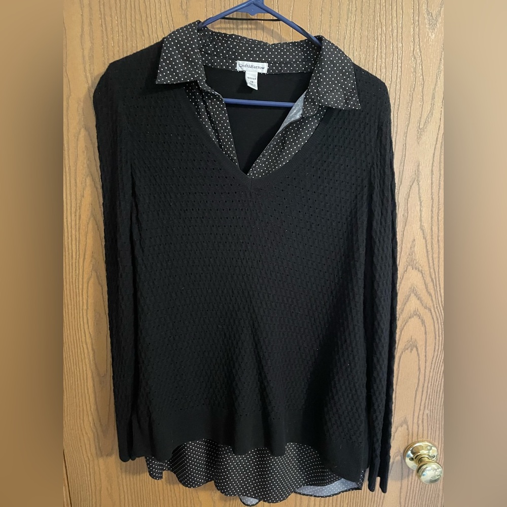 Croft & Barrow Black Knit Sweater with Polka Dot Undershirt